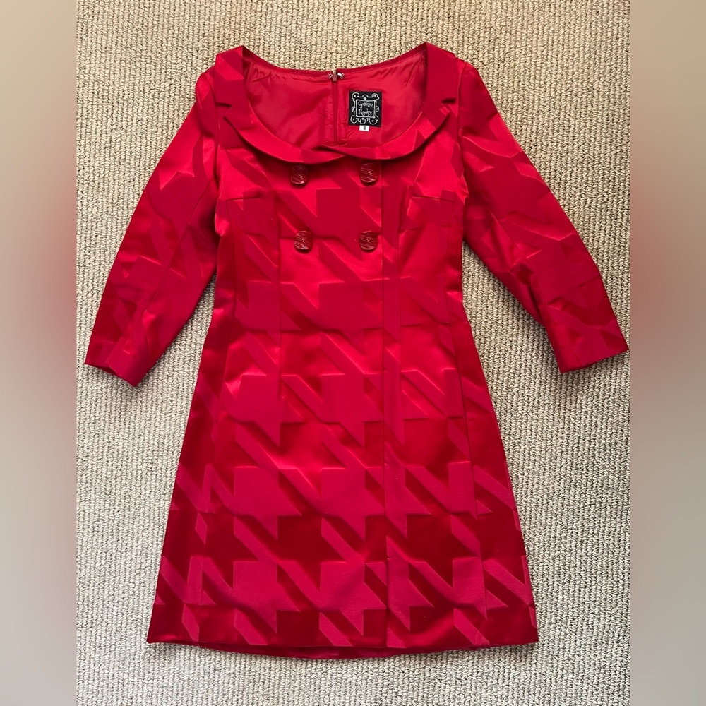Vintage Cynthia Rowley Red Jacquard Coat Dress Size 8 USA Made